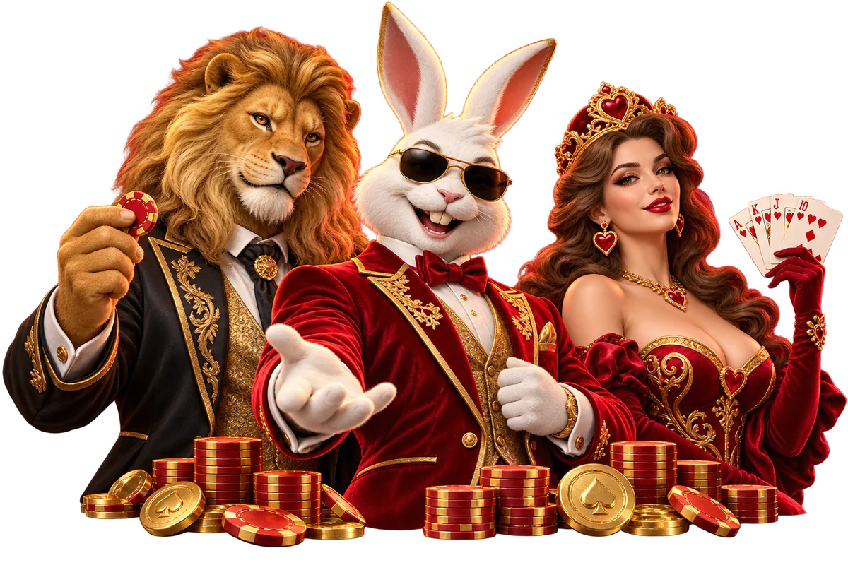 Personagens de cassino: leão, coelho de smoking e rainha de copas, com fichas e moedas douradas.